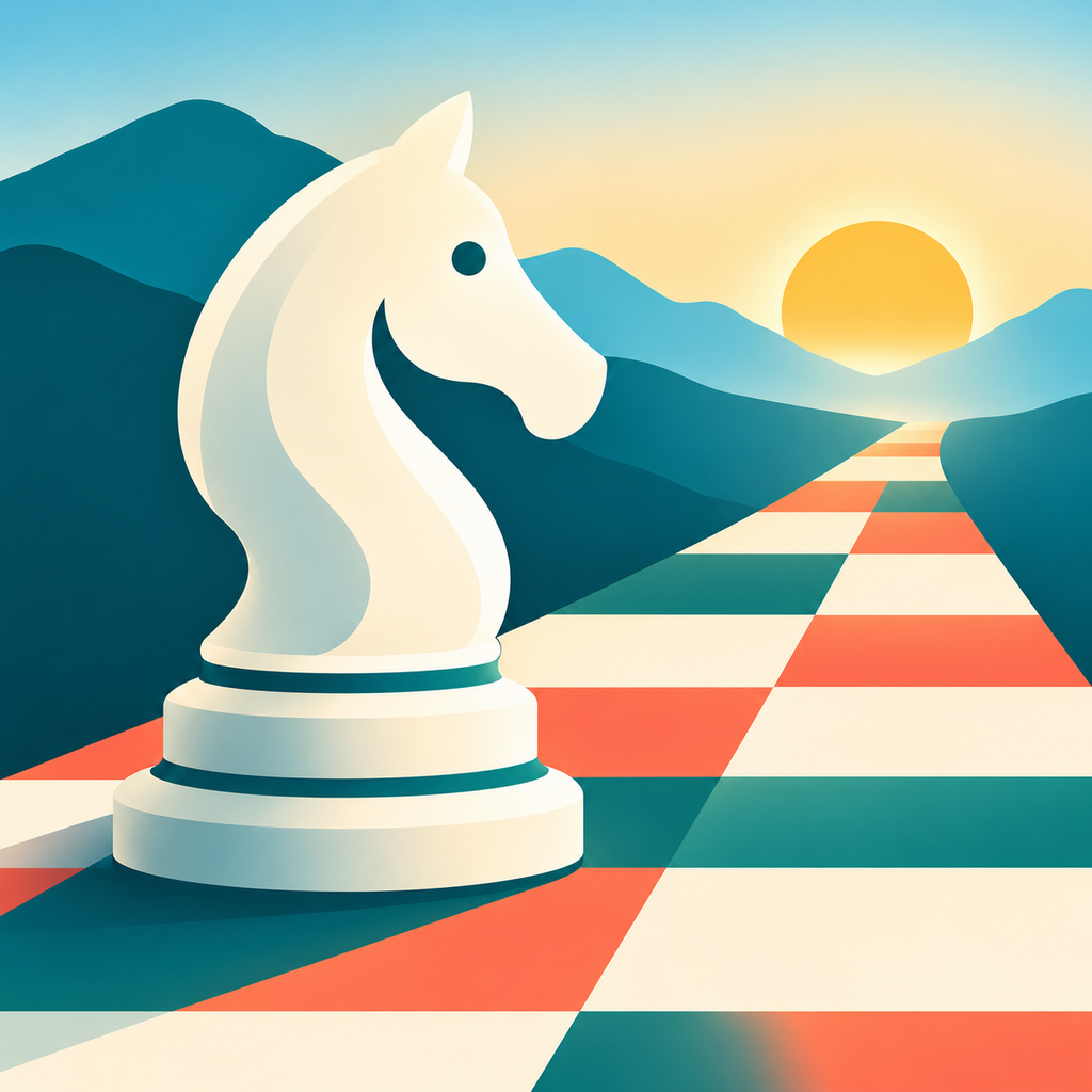 An ivory knight beside a teal and coral chessboard path through distant mountains.
